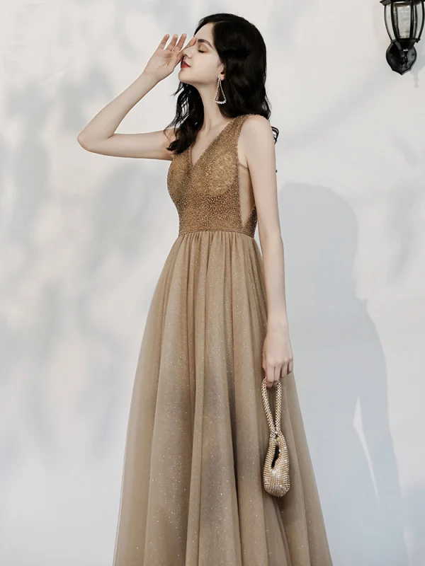 Chic / Beautiful Champagne Glitter Evening Dresses  2020 A-Line / Princess V-Neck Beading Sleeveless Backless Floor-Length / Long Formal Dresses