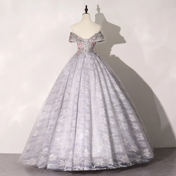 Elegant Flower Fairy Silver Grey Prom Dresses 2020 Ball Gown Off-The-Shoulder Rhinestone Lace Flower Short Sleeve Backless Floor-Length / Long Formal Dresses
