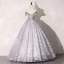 Elegant Flower Fairy Silver Grey Prom Dresses 2020 Ball Gown Off-The-Shoulder Rhinestone Lace Flower Short Sleeve Backless Floor-Length / Long Formal Dresses
