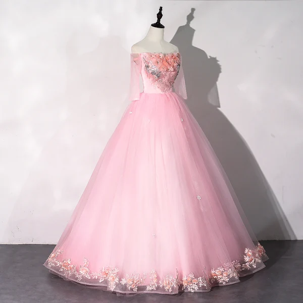 Flower Fairy Candy Pink Prom Dresses 2020 Ball Gown Off-The-Shoulder Pearl Rhinestone Appliques Lace Flower 1/2 Sleeves Backless Floor-Length / Long Formal Dresses