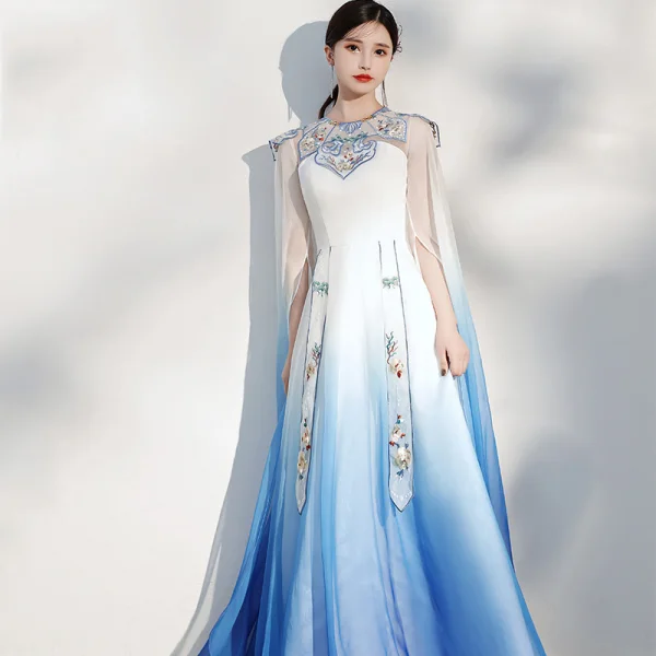 Chinese style Gradient-Color Pool Blue Silk Evening Dresses 2021 A-Line / Princess Scoop Neck Embroidered Short Sleeve Floor-Length / Long Evening Party Formal Dresses