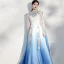 Chinese style Gradient-Color Pool Blue Silk Evening Dresses  2021 A-Line / Princess Scoop Neck Embroidered Short Sleeve Floor-Length / Long Evening Party Formal Dresses