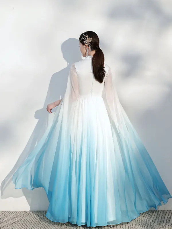 Chinese style Gradient-Color Ivory Cheongsam / Qipao Evening Dresses  2021 Chiffon A-Line / Princess High Neck Beading Short Sleeve Floor-Length / Long Formal Dresses