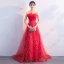 Sparkly Burgundy Evening Dresses  2018 A-Line / Princess Lace Flower Rhinestone Sequins Strapless Backless Sleeveless Sweep Train Formal Dresses