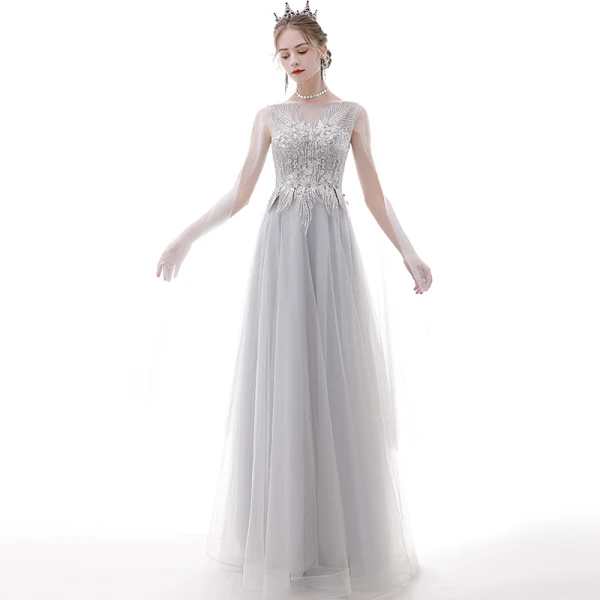 Classy Grey Prom Dresses 2020 A-Line / Princess Scoop Neck Pearl Rhinestone Sequins Lace Flower Short Sleeve Backless Floor-Length / Long Formal Dresses