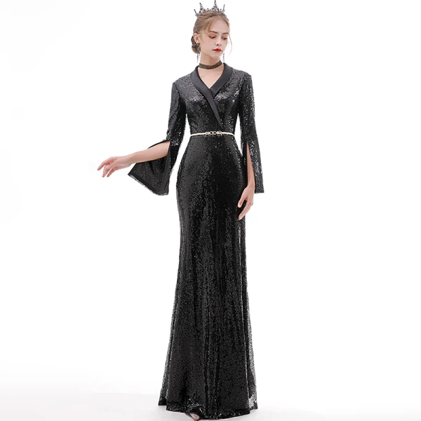 Scintillantes Noire Robe De Soirée 2020 Trompette / Sirène V-Cou Ceinture Paillettes Manches Longues Longue Robe De Ceremonie