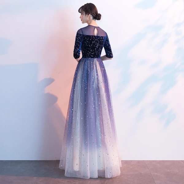 Fashion Sparkly Royal Blue Evening Dresses 2020 A-Line / Princess Scoop Neck Suede Lace Star Sequins 1/2 Sleeves Floor-Length / Long Formal Dresses