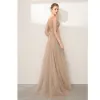 Charming Champagne Prom Dresses 2020 A-Line / Princess Spaghetti Straps Beading Rhinestone Sleeveless Backless Split Front Floor-Length / Long Formal Dresses