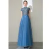 Elegant Pool Blue Prom Dresses 2020 A-Line / Princess High Neck Beading Rhinestone Short Sleeve Backless Floor-Length / Long Formal Dresses