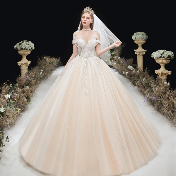 Charming Champagne Wedding Dresses 2020 Ball Gown Off-The-Shoulder Beading Lace Flower Sleeveless Backless Chapel Train