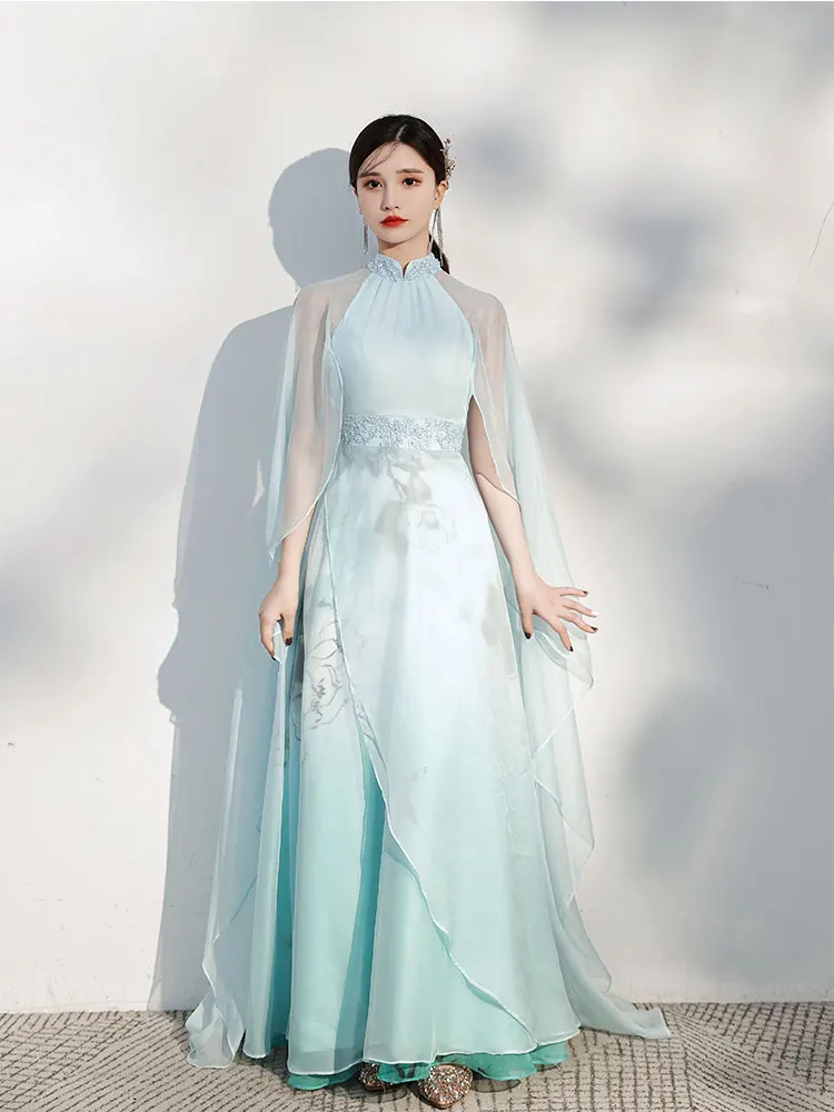 Chinese Style Mint Green Printing Cheongsam Qipao Evening Dresses Chiffon  2021 A Line Princess High Neck Beading Short Sleeve Floor Length Long  Evening Party Formal Dresses