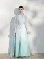 Chinese style Mint Green Printing Cheongsam / Qipao Evening Dresses  Chiffon 2021 A-Line / Princess High Neck Beading Short Sleeve Floor-Length / Long Evening Party Formal Dresses