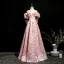 Lovely Blushing Pink Beading Pearl Sequins Printing Prom Dresses 2025 A-Line / Princess Off-The-Shoulder Short Sleeve Backless Bow Floor-Length / Long Prom Formal Dresses