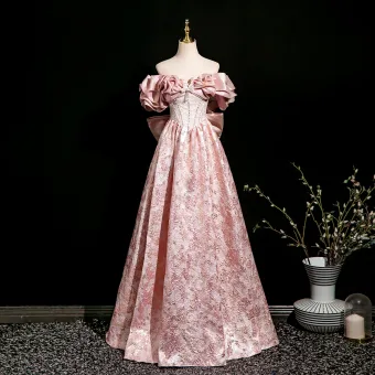 Schön Rosa Perlenstickerei Perle Pailletten Drucken Ballkleider 2025 A Linie Off Shoulder Kurze Ärmel Rückenfreies Schleife Lange Ball Festliche Kleider