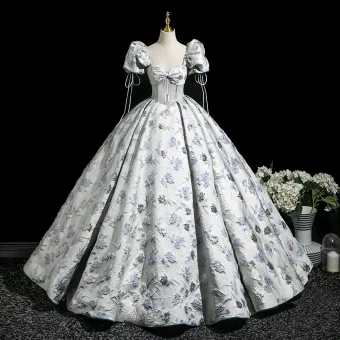 Élégant Blanche Impression Perlage Robe De Bal 2025 Robe Boule Encolure Carrée Gonflée Manches Courtes Dos Nu Noeud Longue Robe De Ceremonie