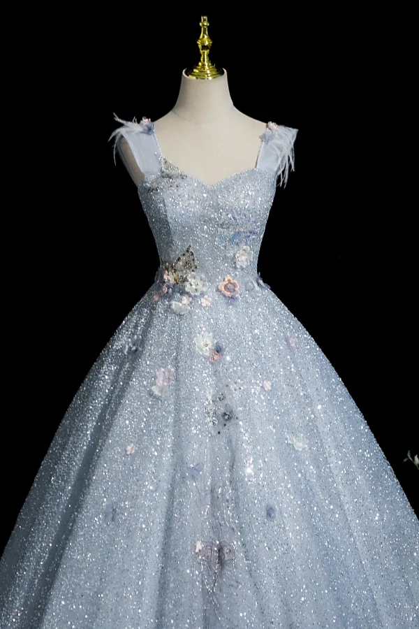 Charming Sky Blue Beading Sequins Appliques Prom Dresses 2025 Ball Gown Square Neckline Sleeveless Backless Floor-Length / Long Prom Formal Dresses