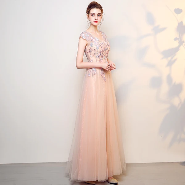 Elegant Pearl Pink Prom Dresses 2018 A-Line / Princess Lace Flower Pearl V-Neck Backless Sleeveless Floor-Length / Long Formal Dresses