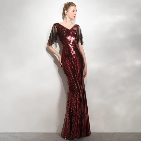 Scintillantes Bordeaux Paillettes Robe De Soirée 2020 Trompette / Sirène V-Cou Manches Courtes Dos Nu Longue Robe De Ceremonie