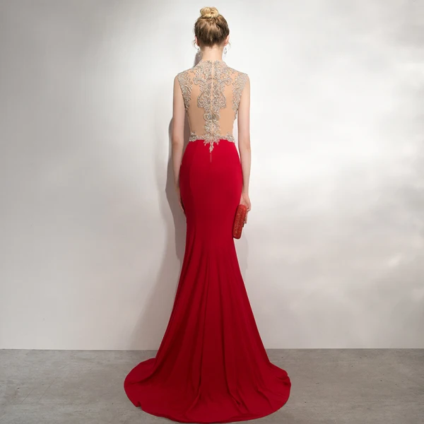 Sexy Rouge Robe De Soirée 2020 Trompette / Sirène Encolure Dégagée Perlage Faux Diamant En Dentelle Fleur Sans Manches Dos Nu Train De Balayage Robe De Ceremonie