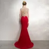 Sexy Red Evening Dresses  2020 Trumpet / Mermaid Scoop Neck Beading Rhinestone Lace Flower Sleeveless Backless Sweep Train Formal Dresses