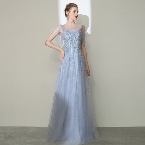 High-end Silver Handmade Evening Dresses 2020 A-Line / Princess Scoop Neck Beading Rhinestone Sequins Short Sleeve Floor-Length / Long Formal Dresses