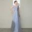 High-end Silver Handmade  Evening Dresses  2020 A-Line / Princess Scoop Neck Beading Rhinestone Sequins Short Sleeve Floor-Length / Long Formal Dresses