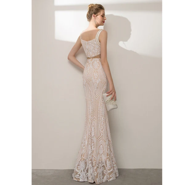 Charmant Scintillantes Champagne Robe De Soirée 2020 Trompette / Sirène Encolure Carrée Perlage Paillettes Faux Diamant Dos Nu Sans Manches Longue Robe De Ceremonie
