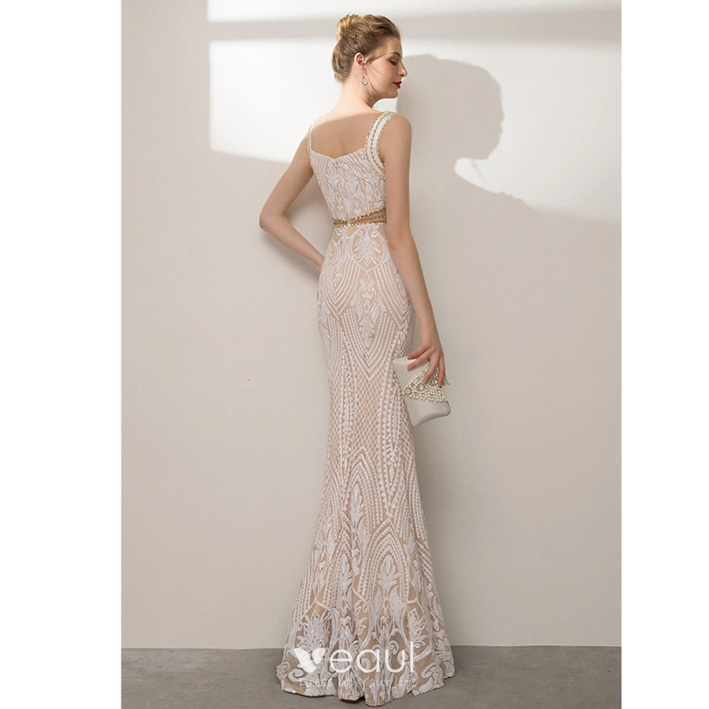 Champagne Square Neck Rhinestone Beading Sleeveless Sheath Sweep Train Formal Evening Dress