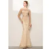 High-end Champagne Rhinestone Evening Dresses  2020 Trumpet / Mermaid Scoop Neck Long Sleeve Floor-Length / Long Formal Dresses