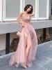 Sexy Blushing Pink Evening Dresses  2020 A-Line / Princess Spaghetti Straps Beading Pearl Rhinestone Sequins Sleeveless Backless Split Front Floor-Length / Long Formal Dresses