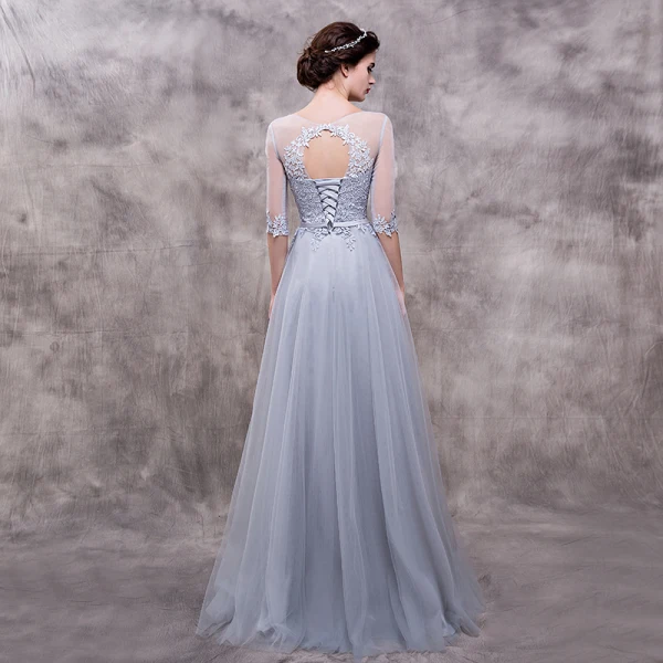 Chic / Beautiful Grey Evening Dresses 2018 A-Line / Princess Lace Flower Sash Scoop Neck Backless 3/4 Sleeve Floor-Length / Long Formal Dresses