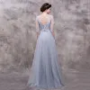 Chic / Beautiful Grey Evening Dresses  2018 A-Line / Princess Lace Flower Sash Scoop Neck Backless 3/4 Sleeve Floor-Length / Long Formal Dresses