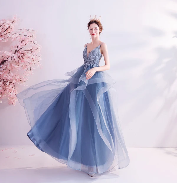 Elegant Pool Blue Prom Dresses 2020 A-Line / Princess Spaghetti Straps Rhinestone Sequins Lace Flower Sleeveless Backless Cascading Ruffles Floor-Length / Long Formal Dresses