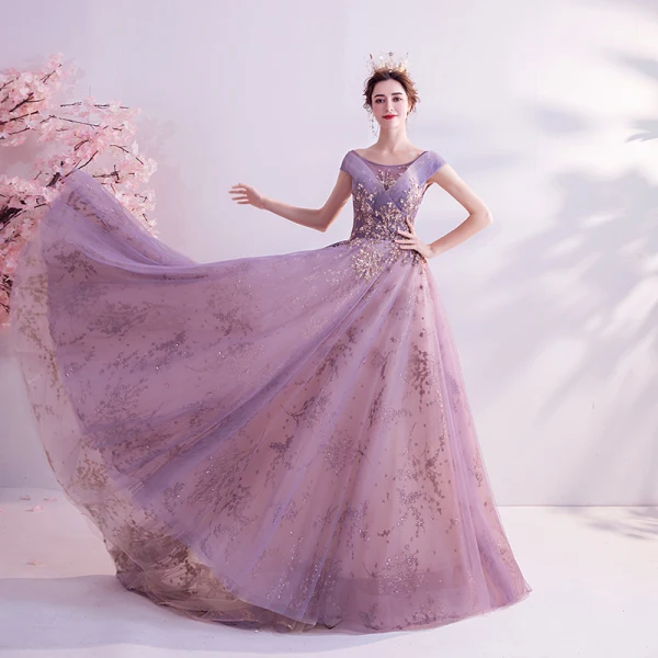 Fashion Purple Glitter Prom Dresses 2020 A-Line / Princess Scoop Neck Sequins Pearl Rhinestone Lace Flower Sleeveless Backless Sweep Train
