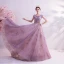 Fashion Purple Glitter Prom Dresses 2020 A-Line / Princess Scoop Neck Sequins Pearl Rhinestone Lace Flower Sleeveless Backless Sweep Train