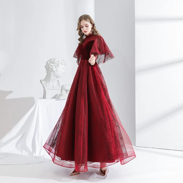 Elegant Burgundy Evening Dresses  2020 A-Line / Princess Suede High Neck Spotted Short Sleeve Backless Floor-Length / Long Formal Dresses