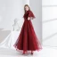 Elegant Burgundy Evening Dresses  2020 A-Line / Princess Suede High Neck Spotted Short Sleeve Backless Floor-Length / Long Formal Dresses