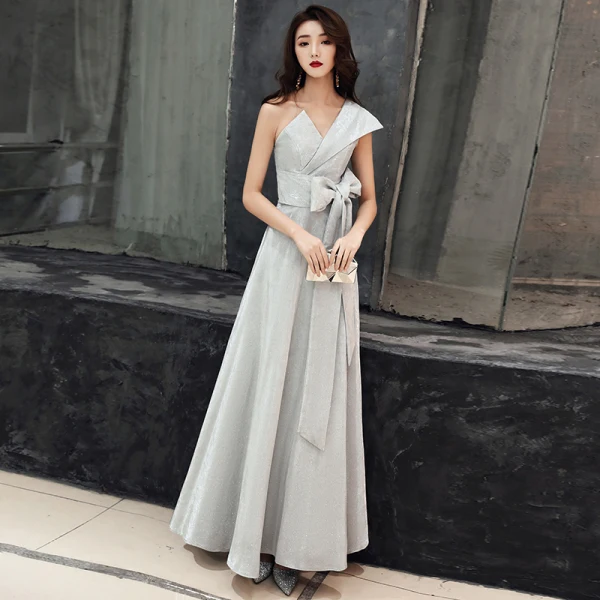 Glitzernden Marineblau Glanz Abendkleider 2020 A Linie One-Shoulder Schleife Ärmellos Rückenfreies Lange Festliche Kleider