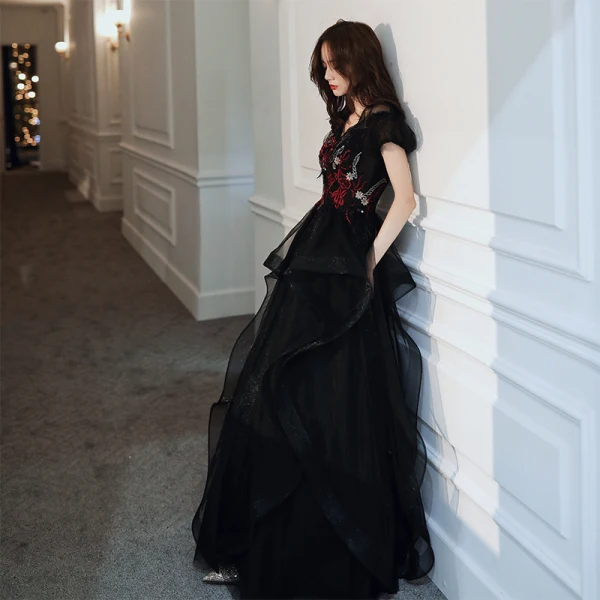 Fashion Black Evening Dresses  2020 A-Line / Princess V-Neck Rhinestone Sequins Lace Flower Short Sleeve Backless Cascading Ruffles Floor-Length / Long Formal Dresses