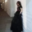 Fashion Black Evening Dresses  2020 A-Line / Princess V-Neck Rhinestone Sequins Lace Flower Short Sleeve Backless Cascading Ruffles Floor-Length / Long Formal Dresses