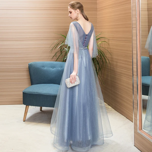Chic / Beautiful Sky Blue Evening Dresses  2018 A-Line / Princess Rhinestone V-Neck Backless 3/4 Sleeve Floor-Length / Long Formal Dresses