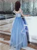 Chic / Beautiful Pool Blue Glitter Evening Dresses  2020 A-Line / Princess Off-The-Shoulder Sequins Sleeveless Backless Cascading Ruffles Floor-Length / Long Formal Dresses