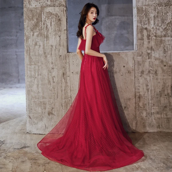 Chic / Beautiful Burgundy Evening Dresses 2020 A-Line / Princess Spaghetti Straps Beading Crystal Sleeveless Backless Floor-Length / Long Formal Dresses