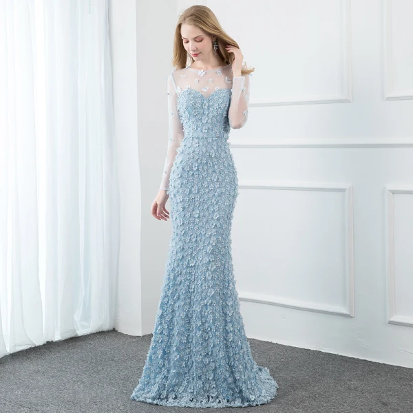 Fabuleux Bleu Ciel Robe De Soirée 2020 Trompette / Sirène Encolure Dégagée Perle Faux Diamant En Dentelle Fleur Appliques Manches Longues Longue Robe De Ceremonie