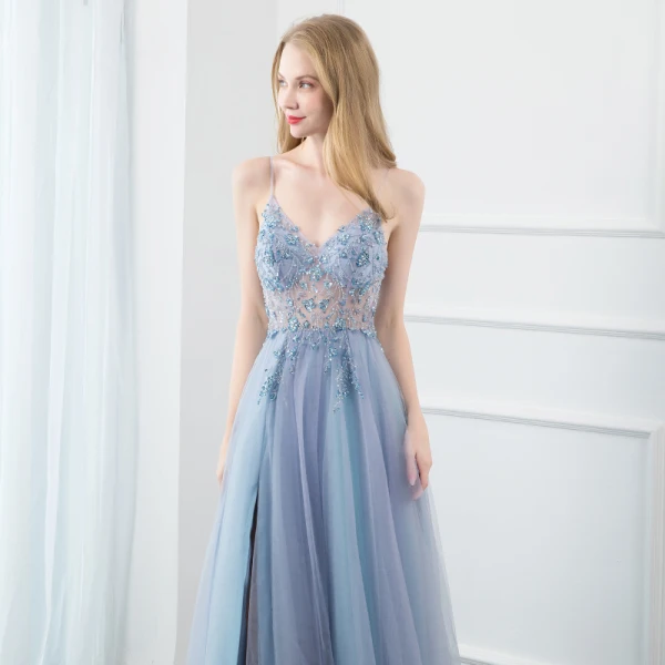 Sexy Himmelblau Ballkleider 2020 A Linie Spaghettiträger Perlenstickerei Kristall Pailletten Perle Ärmellos Rückenfreies Gespaltete Front Lange Festliche Kleider