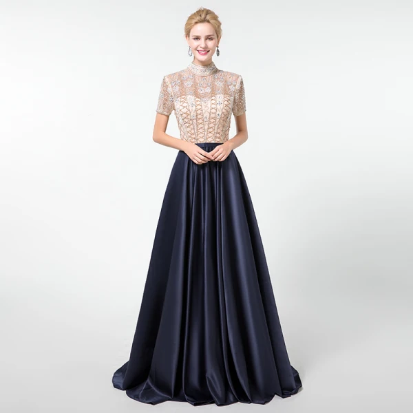 Vintage / Originale Bleu Marine Fait main Perlage Robe De Soirée 2020 Princesse Col Haut Faux Diamant Cristal Paillettes Manches Courtes Longue Robe De Ceremonie
