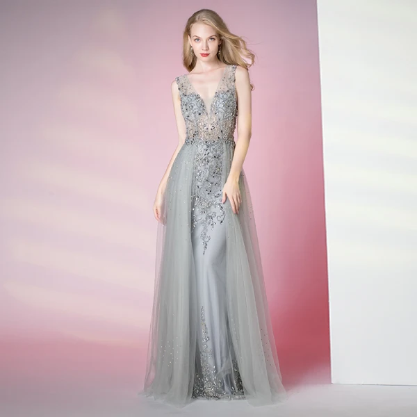 Charmant Gris Robe De Soirée 2020 Trompette / Sirène Col v profond Perlage Cristal Faux Diamant Paillettes Sans Manches Dos Nu Longue Robe De Ceremonie
