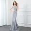 Elegante Silber Grau Abendkleider 2020 Meerjungfrau Stehkragen Perlenstickerei Quaste Kurze Ärmel Rückenfreies Sweep / Pinsel Zug Festliche Kleider