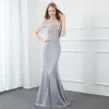Elegant Silver Grey Evening Dresses  2020 Trumpet / Mermaid High Neck Beading Tassel Short Sleeve Backless Sweep Train Formal Dresses