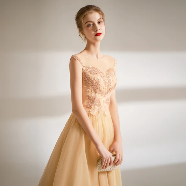 Chic / Beautiful Yellow Prom Dresses 2021 A-Line / Princess Scoop Neck Sleeveless Beading Pearl Sequins Floor-Length / Long Prom Formal Dresses